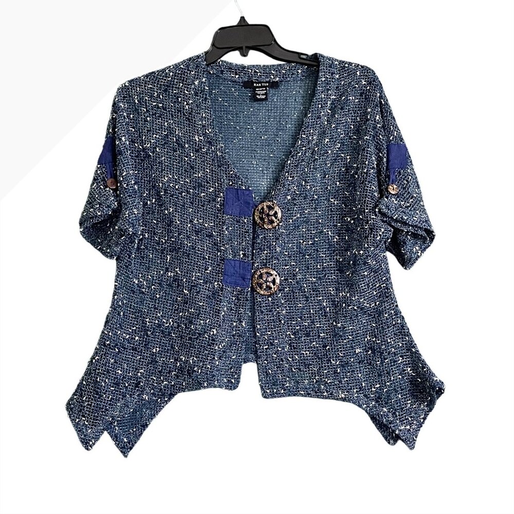 Kaktus Womens Open‎ Weave Blue  Cream Button Down V Neck Top Size Large
